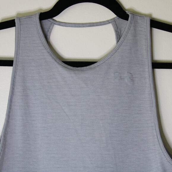 Women's Med Under Armour Lightweight Tank Grey White Pinstripes Open Back - Picture 3 of 7